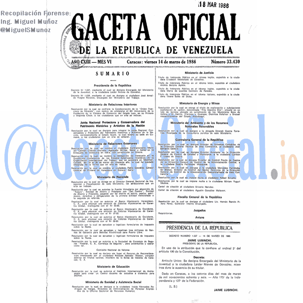 Gaceta Oficial 33430 del 14 Marzo 1986