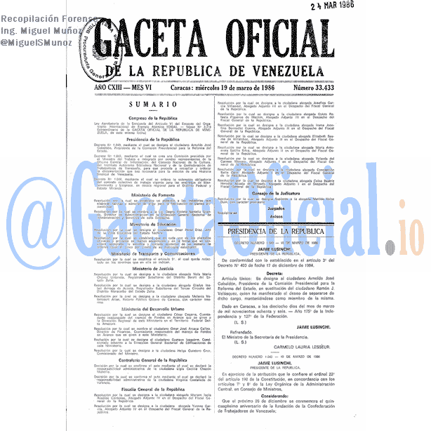 Gaceta Oficial 33433 del 19 Marzo 1986