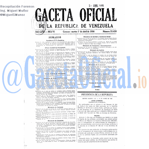 Gaceta Oficial 33439 del 1 Abril 1986