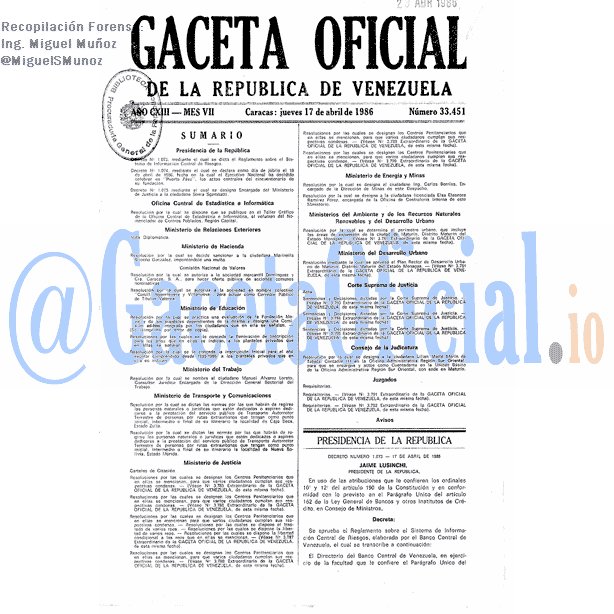 Gaceta Oficial 33451 del 17 Abril 1986