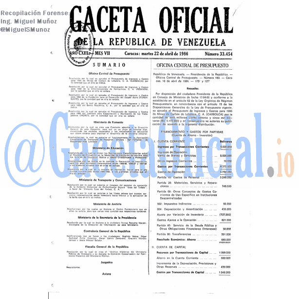Gaceta Oficial 33454 del 22 Abril 1986