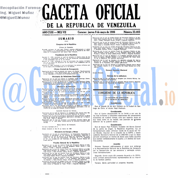 Gaceta Oficial 33465 del 8 Mayo 1986