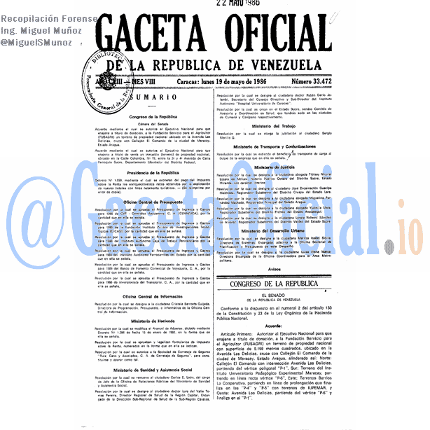 Gaceta Oficial 33472 del 19 Mayo 1986