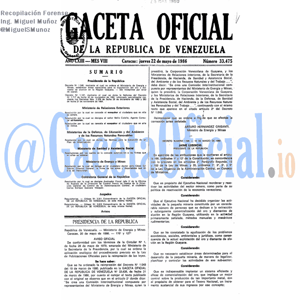 Gaceta Oficial 33475 del 22 Mayo 1986