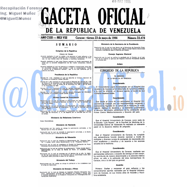 Gaceta Oficial 33476 del 23 Mayo 1986