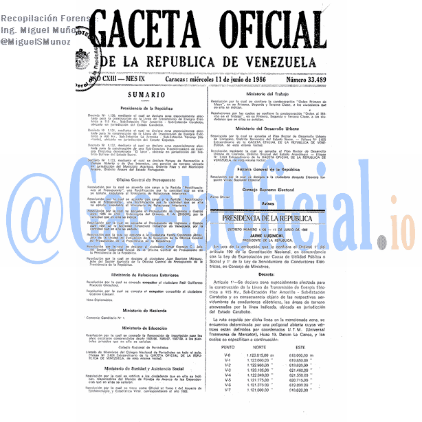 Gaceta Oficial 33489 del 11 Junio 1986