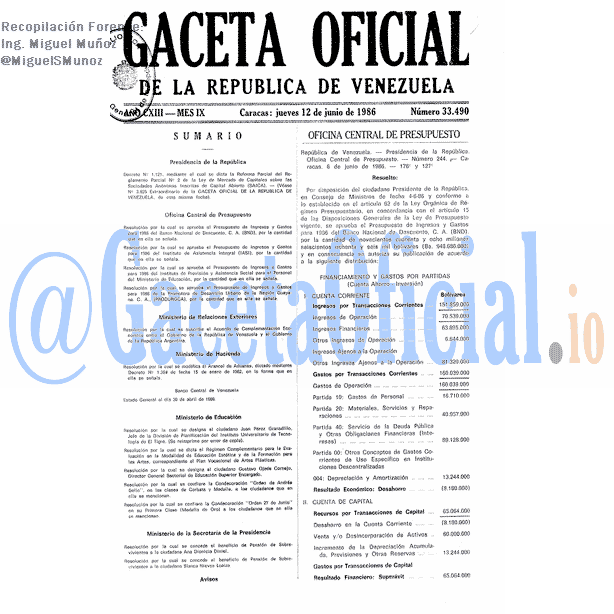 Gaceta Oficial 33490 del 12 Junio 1986