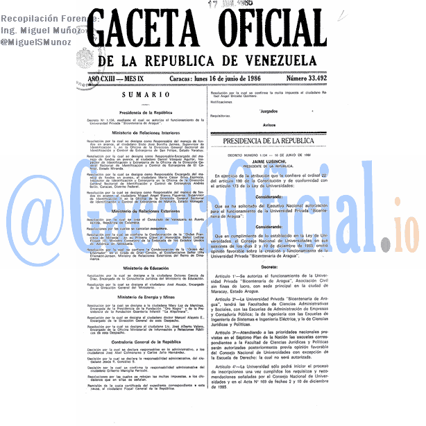 Gaceta Oficial 33492 del 16 Junio 1986