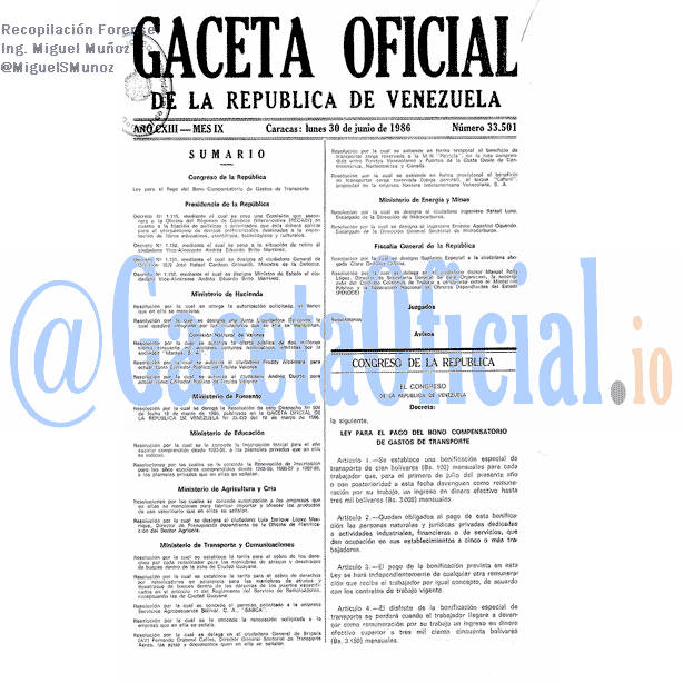 Gaceta Oficial 33501 del 30 Junio 1986