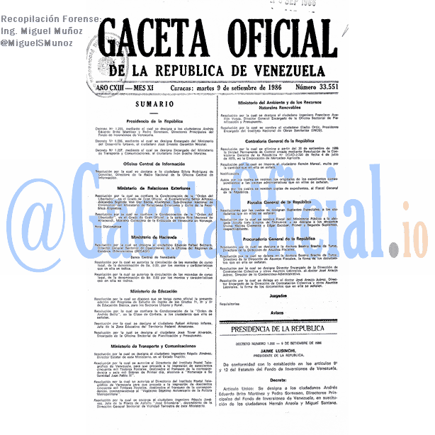 Gaceta Oficial 33551 del 9 Septiembre 1986
