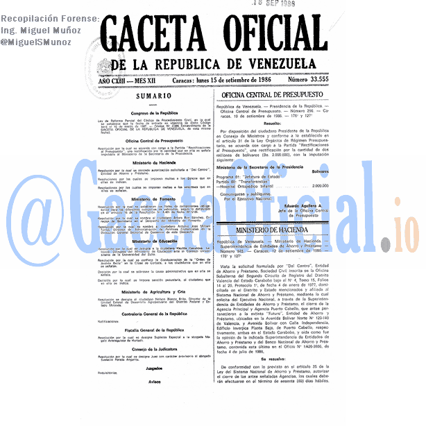 Gaceta Oficial 33555 del 15 Septiembre 1986