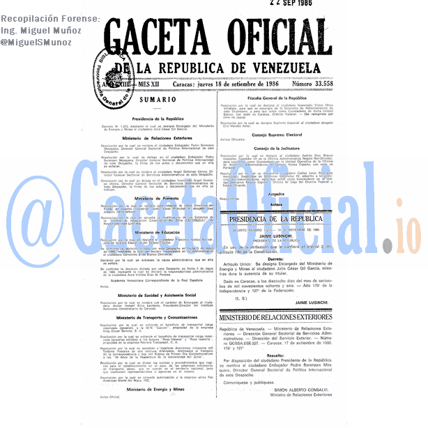 Gaceta Oficial 33558 del 18 Septiembre 1986