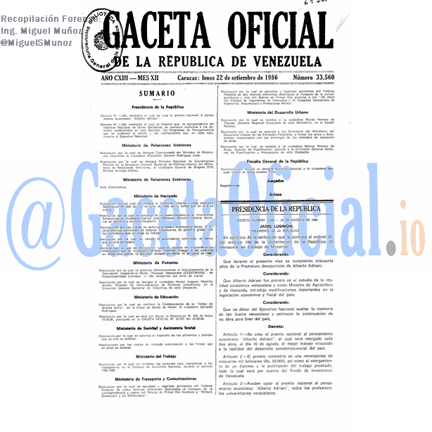 Gaceta Oficial 33560 del 22 Septiembre 1986