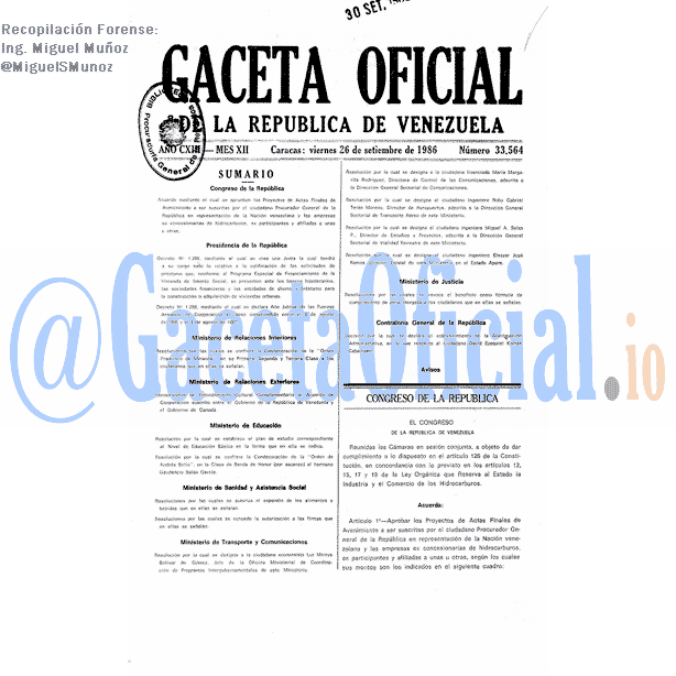 Gaceta Oficial 33564 del 26 Septiembre 1986