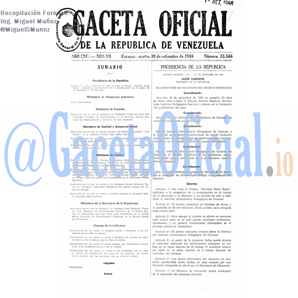Gaceta Oficial 33566 del 30 Septiembre 1986
