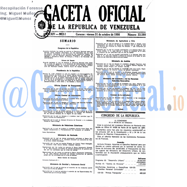 Gaceta Oficial 33588 del 31 Octubre 1986