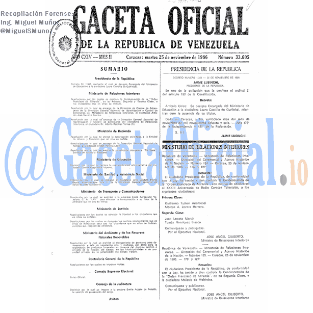 Gaceta Oficial 33605 del 25 Noviembre 1986