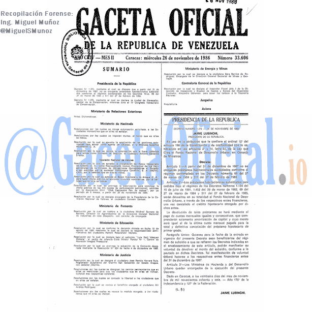 Gaceta Oficial 33606 del 26 Noviembre 1986