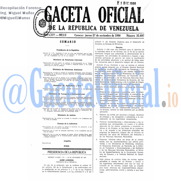 Gaceta Oficial 33607 del 27 Noviembre 1986