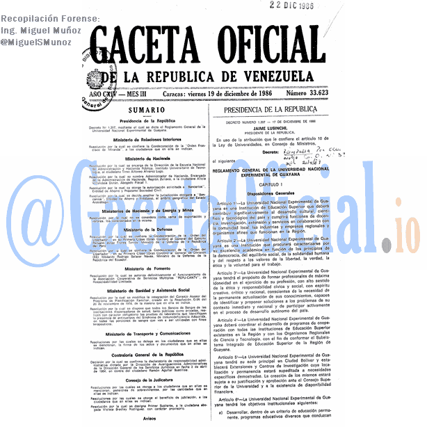 Gaceta Oficial 33623 del 19 Diciembre 1986