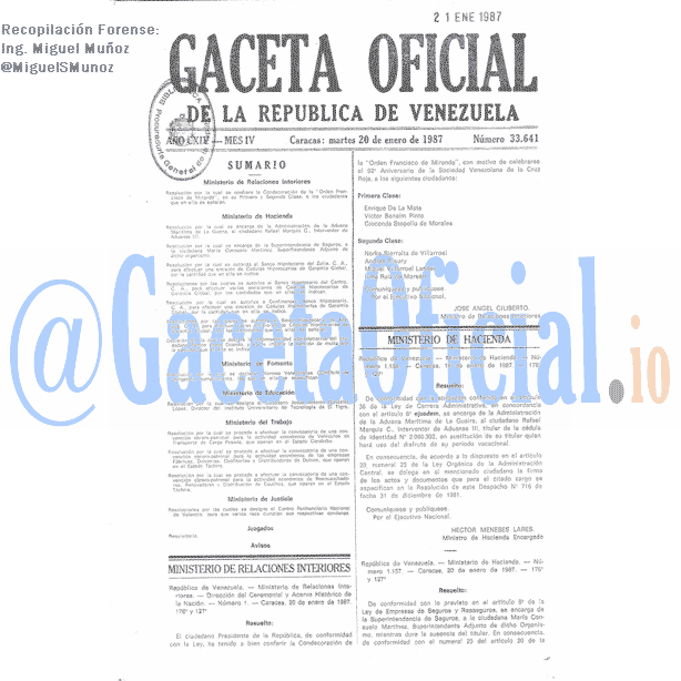Gaceta Oficial 33641 del 20 Enero 1987
