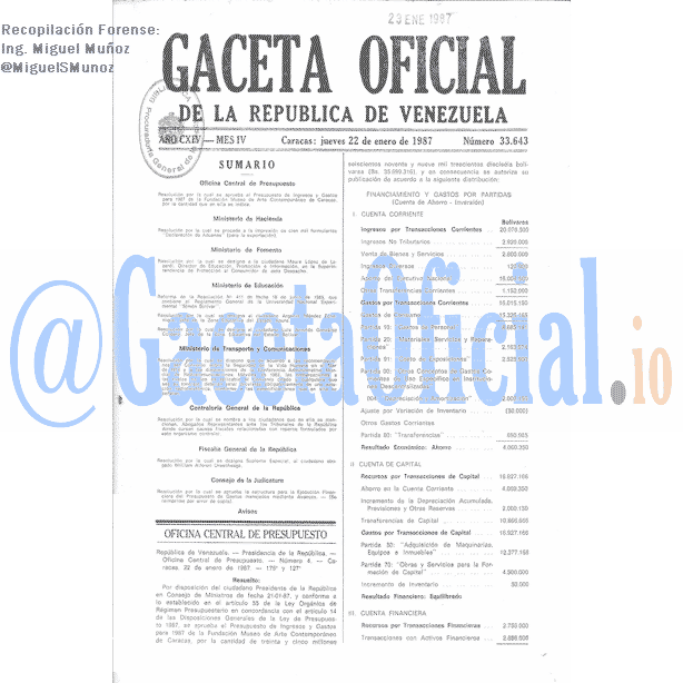 Gaceta Oficial 33643 del 22 Enero 1987