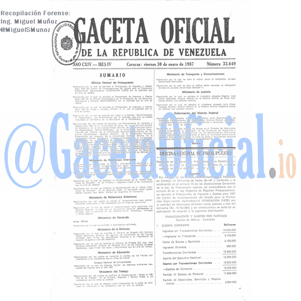 Gaceta Oficial 33649 del 30 Enero 1987