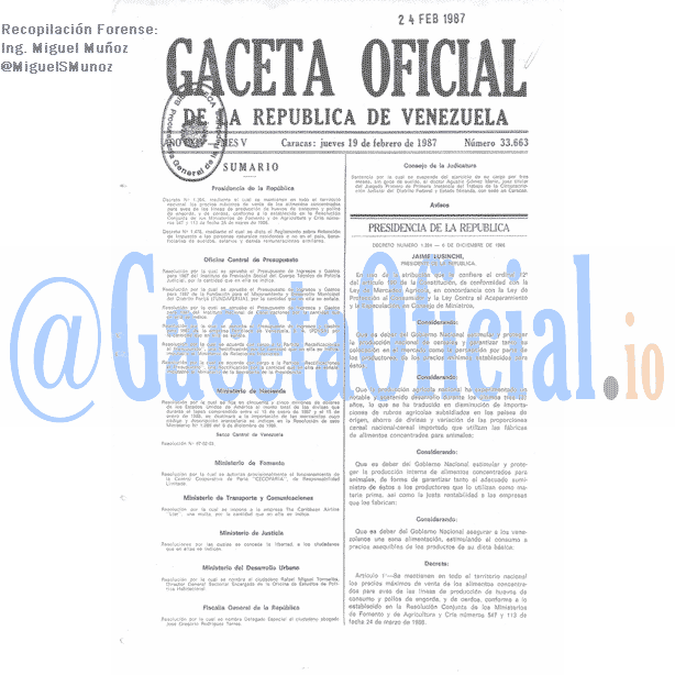 Gaceta Oficial 33663 del 19 Febrero 1987