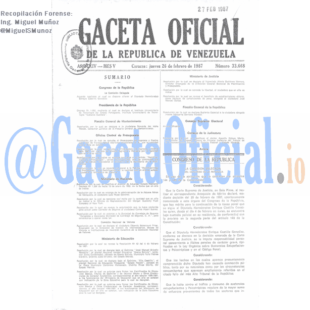 Gaceta Oficial 33668 del 26 Febrero 1987