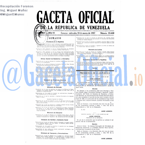 Gaceta Oficial 33680 del 18 Marzo 1987