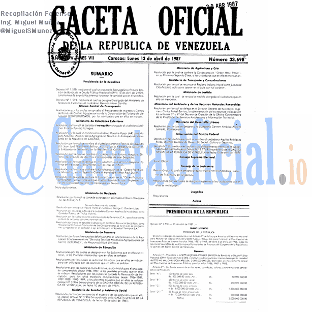 Gaceta Oficial 33698 del 13 Abril 1987