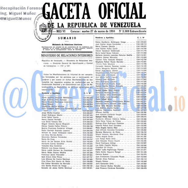 Gaceta Oficial 3369 del 27 Marzo 1984