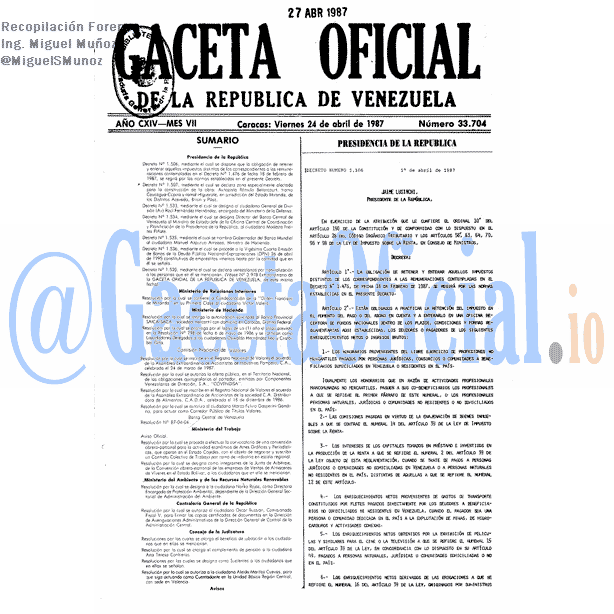 Gaceta Oficial 33704 del 24 Abril 1987