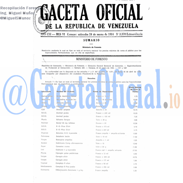 Gaceta Oficial 3370 del 28 Marzo 1984