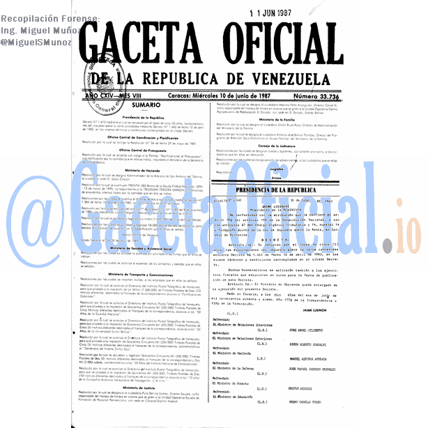 Gaceta Oficial 33736 del 10 Junio 1987