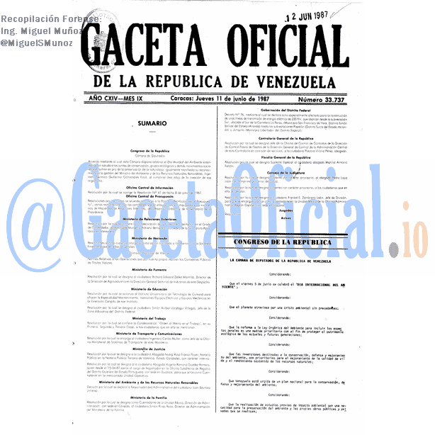 Gaceta Oficial 33737 del 11 Junio 1987