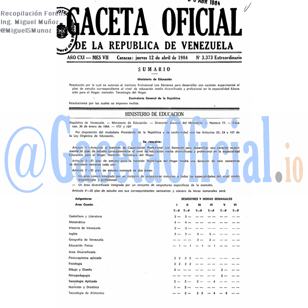 Gaceta Oficial 3373 del 12 Abril 1984