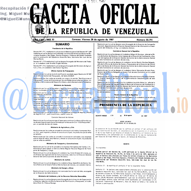 Gaceta Oficial 33791 del 28 Agosto 1987