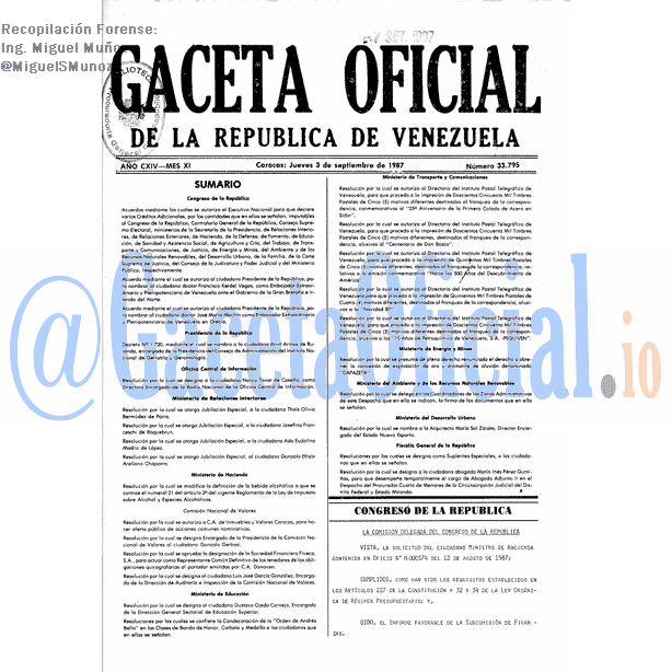 Gaceta Oficial 33795 del 3 Septiembre 1987