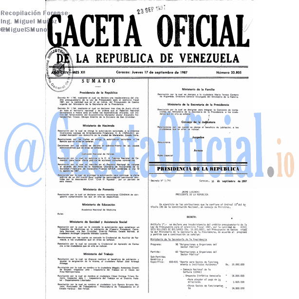 Gaceta Oficial 33805 del 17 Septiembre 1987