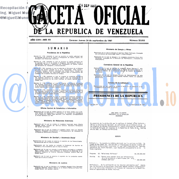 Gaceta Oficial 33810 del 24 Septiembre 1987