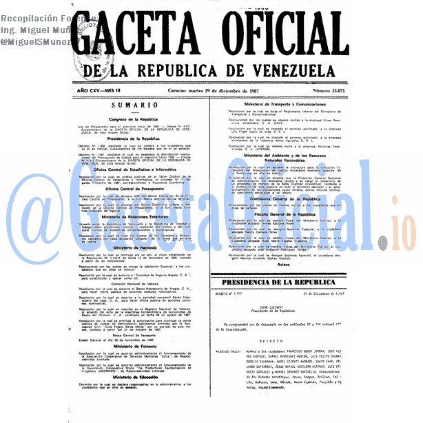Gaceta Oficial 33875 del 29 Diciembre 1987