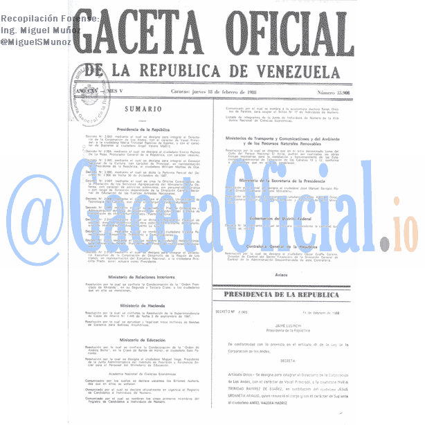 Gaceta Oficial 33908 del 18 Febrero 1988