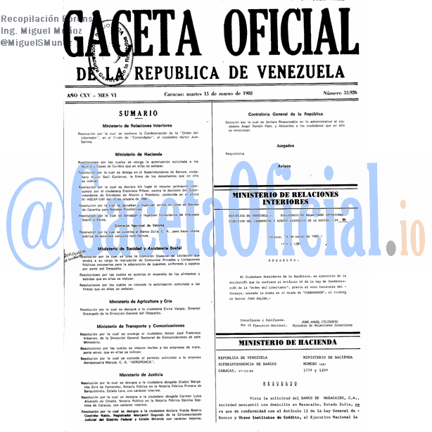Gaceta Oficial 33926 del 15 Marzo 1988