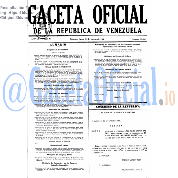 Gaceta Oficial 33930 del 21 Marzo 1988