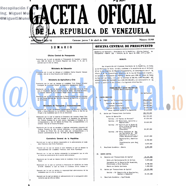 Gaceta Oficial 33940 del 7 Abril 1988