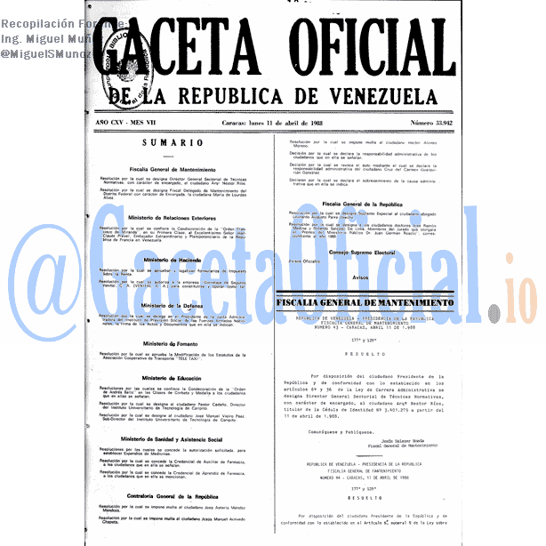 Gaceta Oficial 33942 del 11 Abril 1988