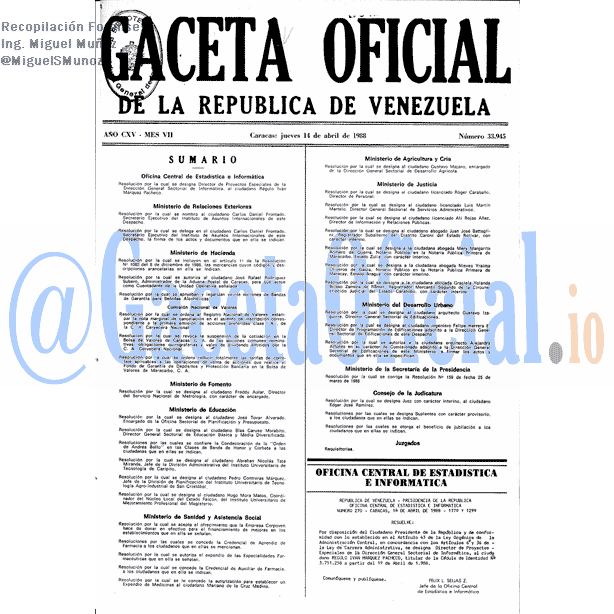 Gaceta Oficial 33945 del 14 Abril 1988