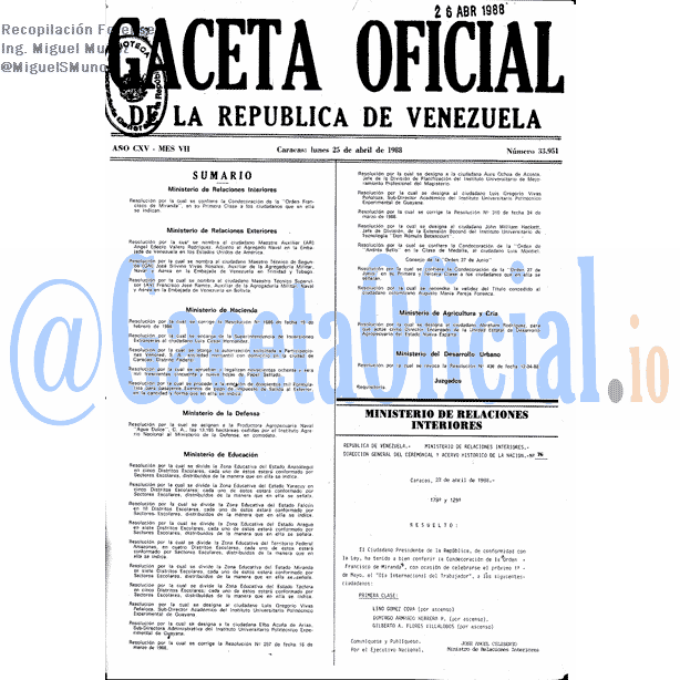 Gaceta Oficial 33951 del 25 Abril 1988