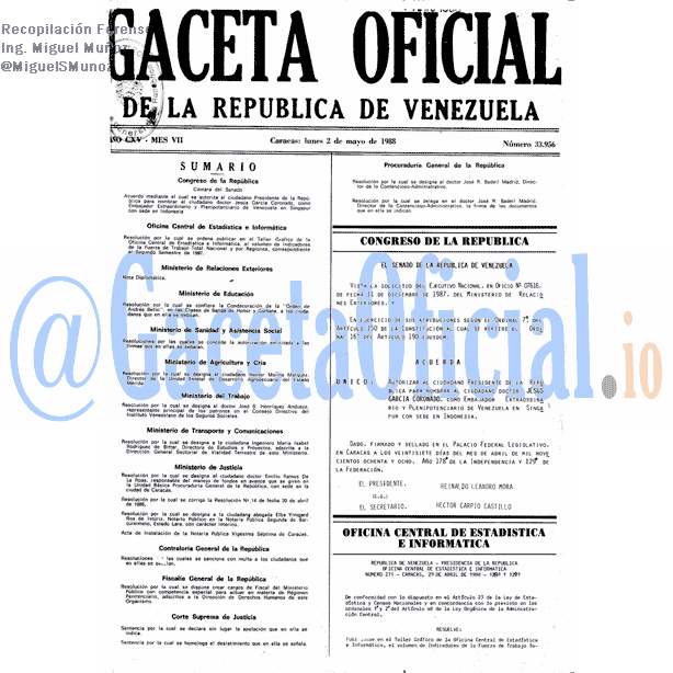 Gaceta Oficial 33956 del 2 Mayo 1988